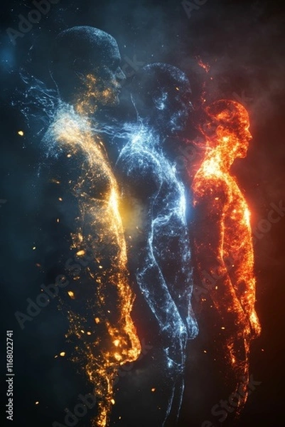 Fototapeta Three figures, ice, fire, transformation, energy, abstract.