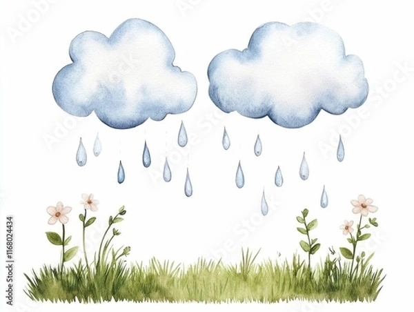 Fototapeta Whimsical watercolor clouds gently raining over a lush vibrant garden scene symbolizing the natural eco friendly process of irrigation  Painted in a soft dreamy color palette