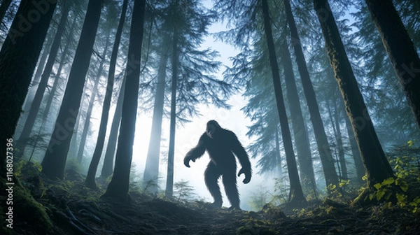 Fototapeta Mysterious Sasquatch silhouette in dense foggy forest with towering trees, evoking curiosity and intrigue in nature exploration and wildlife mystery.