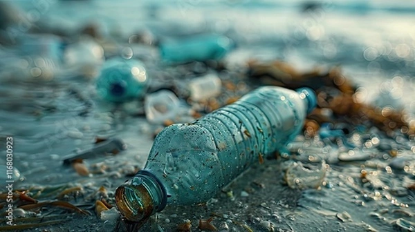 Fototapeta A close-up of plastic bottles and containers littering a beach or coastline