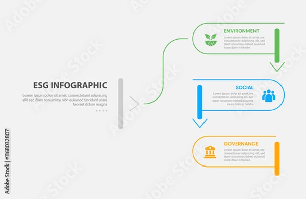Fototapeta ESG infographic outline style with 3 point template with round rectangle line with slice and arrow bottom direction for slide presentation