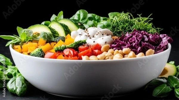 Fototapeta Colorful salad bowl with fresh vegetables and toppings.