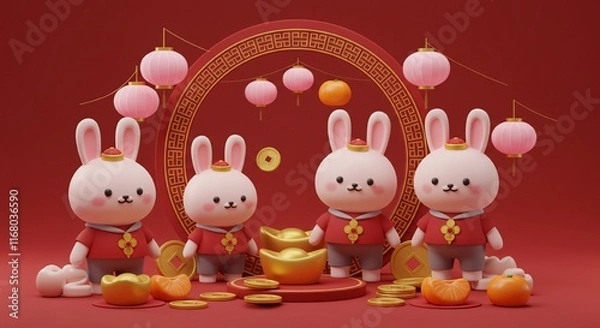 Obraz Cute 3D Rabbits Chinese New Year Celebration Lantern Gold Ingots