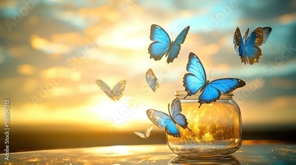 Fototapeta Delicate blue and gold butterflies floating from a tilted glass jar on a polished surface, with a background glowing in golden yellows blending into cool azure tones.
