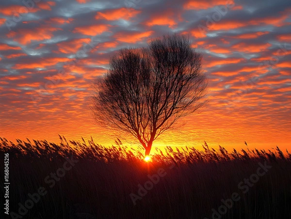Fototapeta Vibrant sunrise paints the sky orange and red, silhouetting a lone tree amidst tall grass.