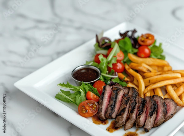 Fototapeta A gourmet plate featuring perfectly grilled lamb chops, thinly sliced and generously drizzled with rich black pepper sauce. Served with a small side of crisp salad, vibrant cherry tomatoes, and golden