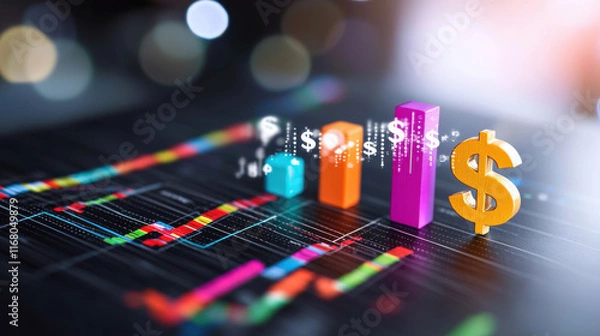 Fototapeta vibrant financial graph showcasing colorful bars and dollar signs, symbolizing growth and investment trends. image captures essence of economic progress and analysis