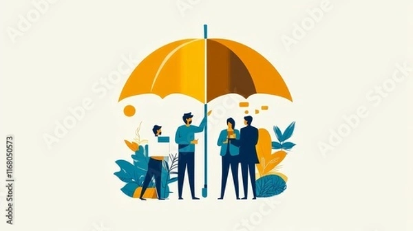 Fototapeta Team protected by large umbrella, collaborating.