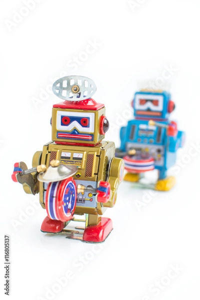 Fototapeta old classic robot toys, isolated on white