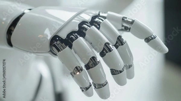 Fototapeta White robotic hand, intricate design, metallic joints.