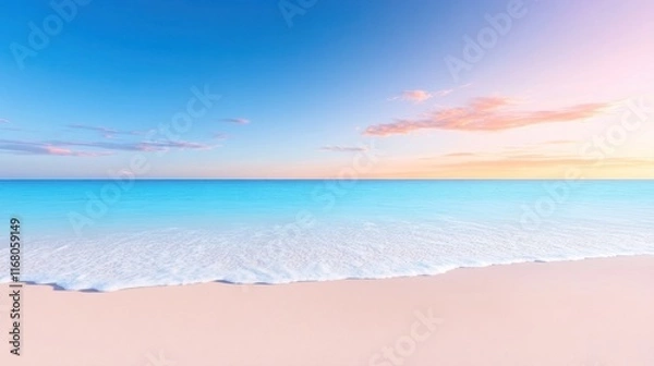 Fototapeta Serene beach scene with gentle waves and vibrant sky colors.