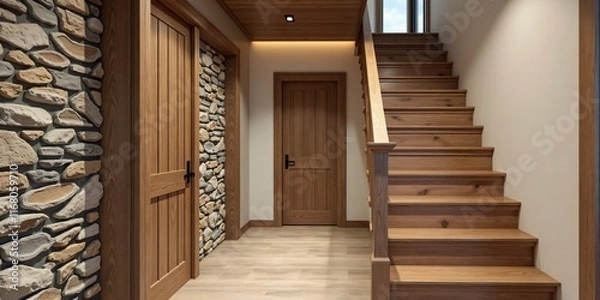 Fototapeta Rustic Hallway Featuring a Wooden Staircase and Stone Cladding Wall: Cozy Home Interior Design of a Modern Entrance Hall with Door