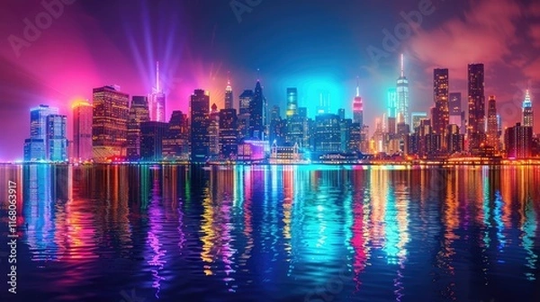 Fototapeta City skyline illuminated by vibrant neon lights