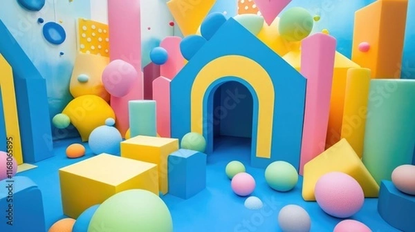 Fototapeta Vibrant Playful Indoor Environment with Colorful Geometric Shapes and Soft Balls, Ideal for Kids' Activities and Creative Learning Spaces