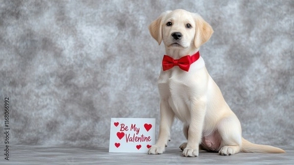 Fototapeta A cute puppy in a bow tie with a Valentine?s card.