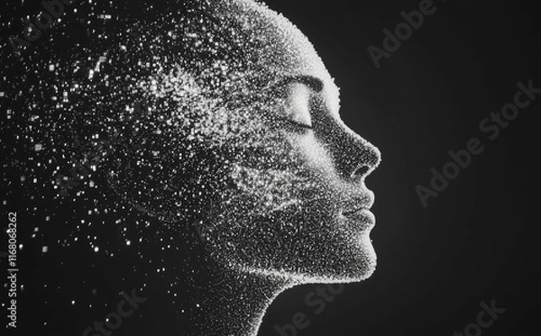 Fototapeta A black-and-white pointillist portrait of a woman in profile, made of particles with some flying around her head, creating an artistic and dynamic representation. Ideal for art, digital portraits
