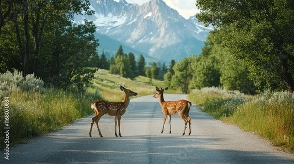 Fototapeta Two deer pausing mid-cross on a tranquil road, with a stunning view of distant Rocky Mountain peaks and lush green meadows.
