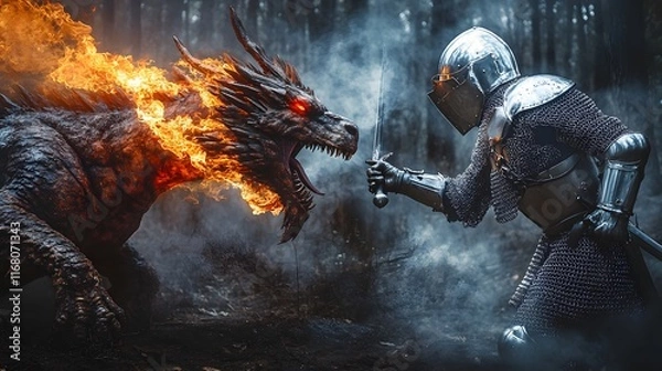 Obraz A fiery dragon confronts a brave medieval knight