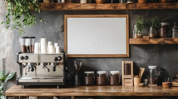 Fototapeta A cozy coffee corner with a blank wall frame, a professional coffee machine, and wooden shelves displaying rustic jars and fresh coffee beans