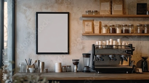 Fototapeta A cozy coffee shop interior with a blank black frame, a modern espresso machine on the counter, and simple wooden shelves holding decorative jars and cups.
