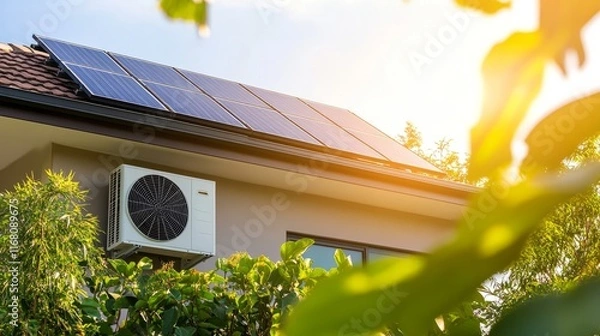 Obraz A modern home with rooftop solar panels and a sleek heat pump installed near the facade, surrounded by lush greenery under a bright sunny sky.