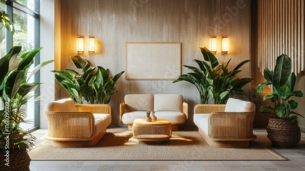 Fototapeta A peaceful wellness retreat interior with earthy tones, large potted plants, and soft natural light creating a relaxing atmosphere.