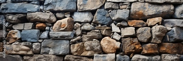 Fototapeta Raw stone wall texture in chaotic arrangement showcasing a blend of colors and natural patterns for architectural and artistic applications