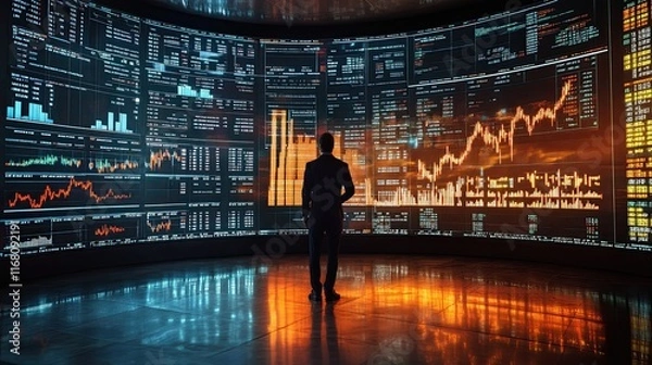 Fototapeta An extensive LED panel displaying daily financial data, price variations, and trading quotations is a dynamic digital representation of stock market developments. This provides crucial context for eco
