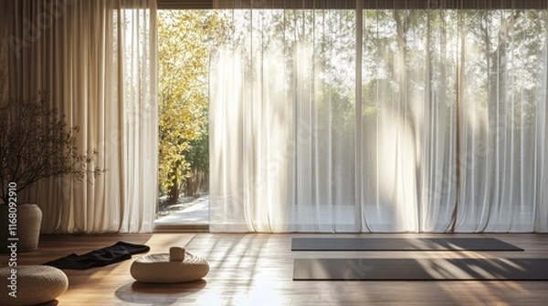 Fototapeta A tranquil retreat space featuring large windows, sheer curtains, yoga mats, and minimalist decor, bathed in warm natural light
