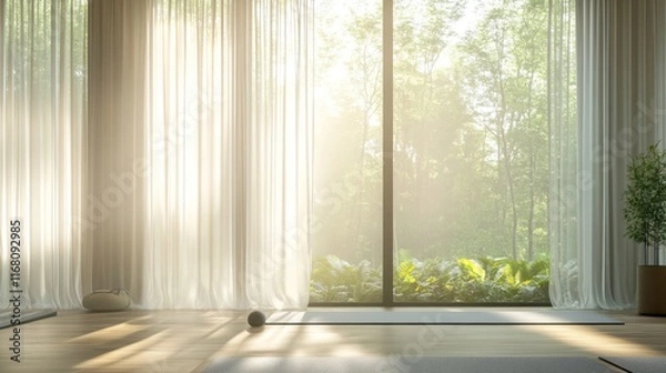 Fototapeta A tranquil retreat space featuring large windows, sheer curtains, yoga mats, and minimalist decor, bathed in warm natural light