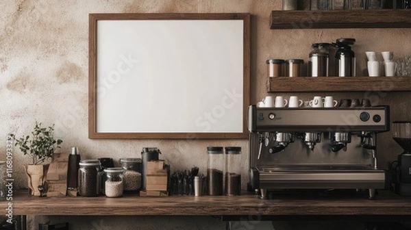 Fototapeta A vintage-style coffee shop featuring a blank white frame, an industrial coffee machine, and distressed wooden shelves displaying coffee essentials.