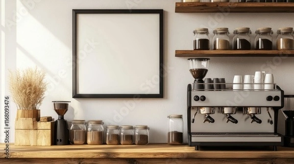 Fototapeta A warm coffee shop setting with a blank frame on the wall, a compact coffee machine on the counter, and rustic wooden shelves adorned with jars.