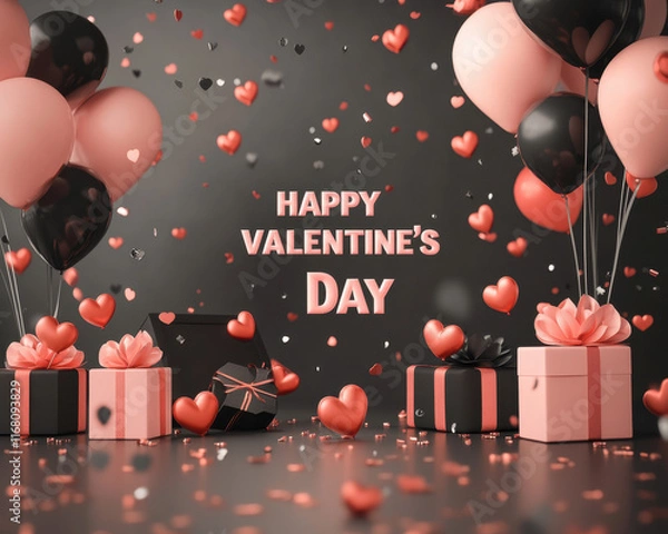 Fototapeta Happy Valentine Day with balloons, hearts, and gifts creating festive atmosphere. Celebrate love and affection with this vibrant and cheerful scene