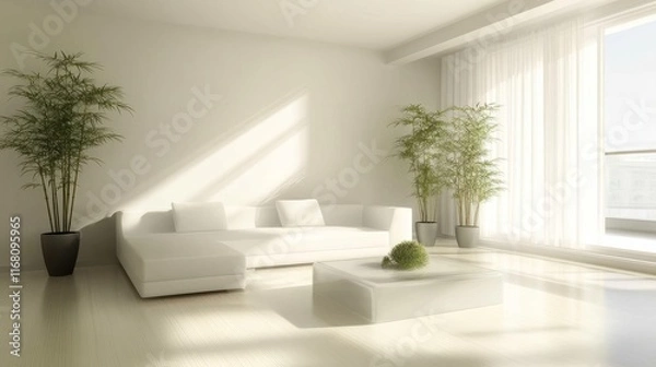 Fototapeta Spacious white minimalist living room with a cushioned sofa, tall potted plants, a square plastic coffee table, and polished wooden floors.
