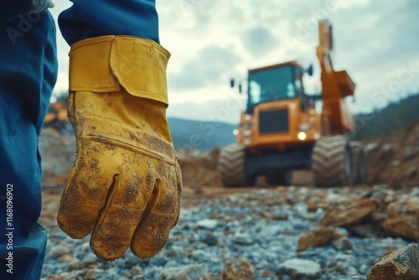 Obraz Construction Worker Adjusting Safety Gear with Heavy Equipment in the Background, A Focus on Occupational Safety and Health