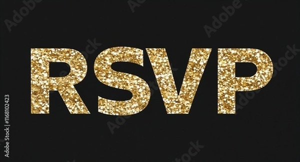 Fototapeta rsvp white text lettering on plain black background with gold glitters