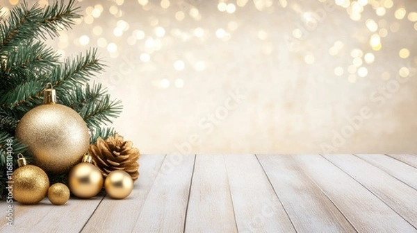 Fototapeta Elegant christmas card with gold decorations festive setting digital design cozy atmosphere artistic view