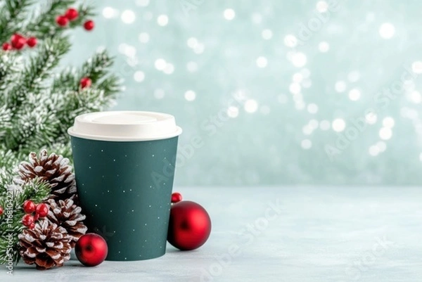 Fototapeta Festive drink sleeve mockup on takeaway cup surrounded by holiday decorations cozy setting minimalist viewpoint