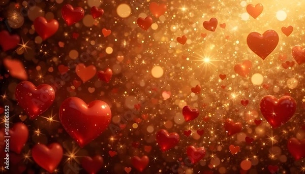 Fototapeta golden sparkling backdrop adorned with red hearts, illustrated for Valentine's Day