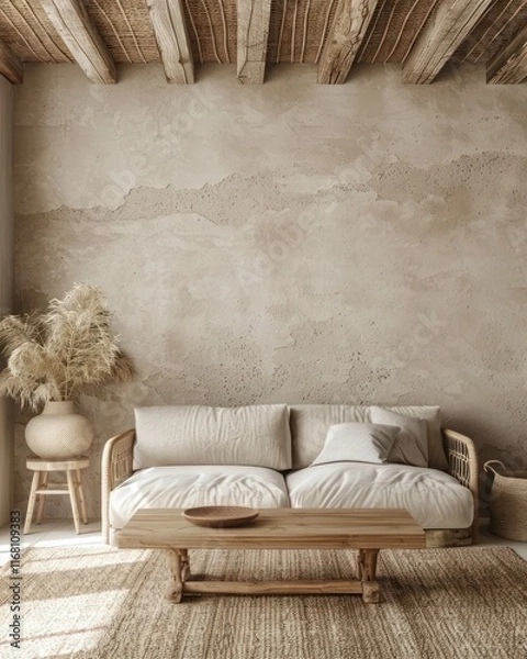 Fototapeta Vintage sofa and coffee table in modern Japandi living room with empty stucco wall and copy space