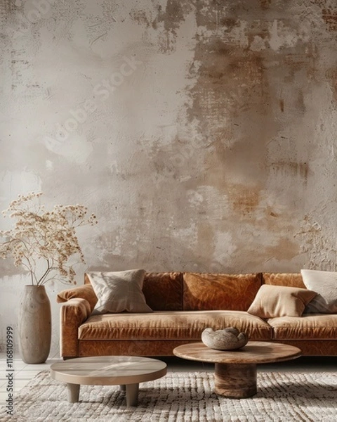 Fototapeta Modern living room with Japandi design, showcasing vintage sofa, coffee table, and empty stucco wall for copy space