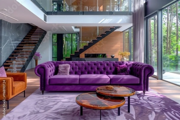 Fototapeta Modern living room with violet tufted sofa, fireplace, and staircase in spacious forest villa