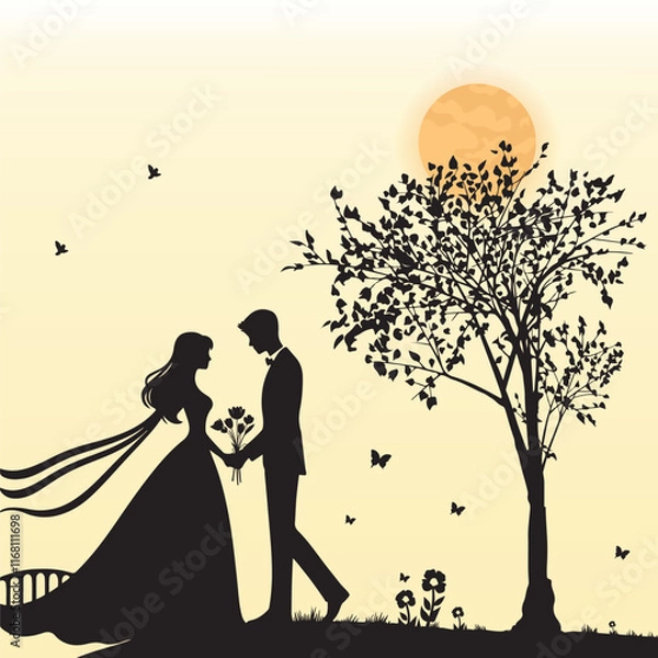 Fototapeta The silhouette of a loving couple is standing under a tree with butterflies and the sun in the background