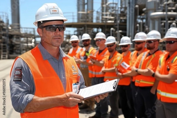Obraz Safety Supervisor Conducting Pre-Shift Briefing with Team, Discussing Workplace Hazards and Procedures, Ensuring Safe Work Practices, Construction Site Safety, Industrial Safety, Industrial Accident