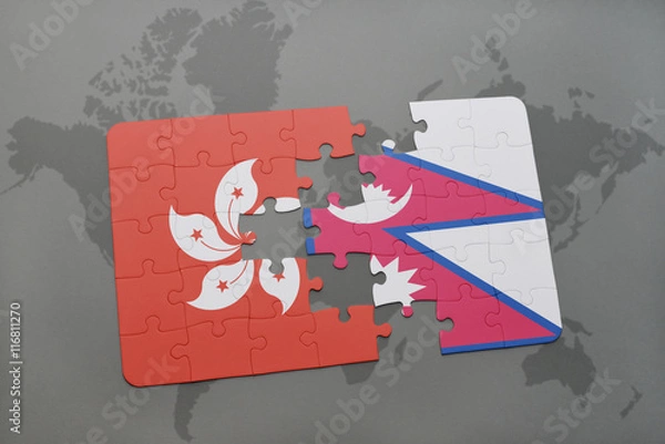 Fototapeta puzzle with the national flag of hong kong and nepal on a world map background.
