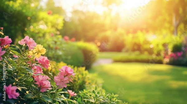Fototapeta serene garden scene with blooming flowers and lush greenery, bathed in warm sunlight, creates inviting atmosphere for relaxation and enjoyment