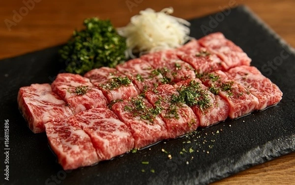 Obraz Sliced beef, herbs, onion on dark surface.