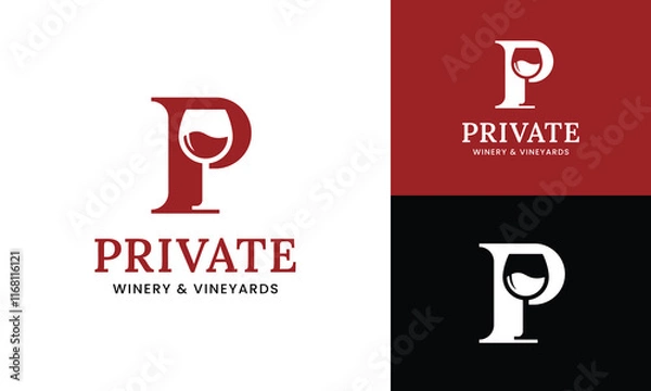 Fototapeta Letter Initial P Wine Glass Logo Design Template. Suitable for Bar Restaurant Cafe Winery Vineyard Pub Club Business Brand Company Logo Design.