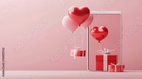 Fototapeta Abstract 3D model of a smartphone with exploding icons of shopping,discounts and digital payment solutions, pastel theme,valentine day,shopping online,aniversary couple,romantic heart love concept.