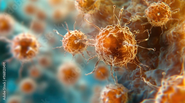 Fototapeta Microscopic view of non small cell lung cancer cells, showcasing their intricate structure and unique features. This highlights complexity of cancer at cellular level